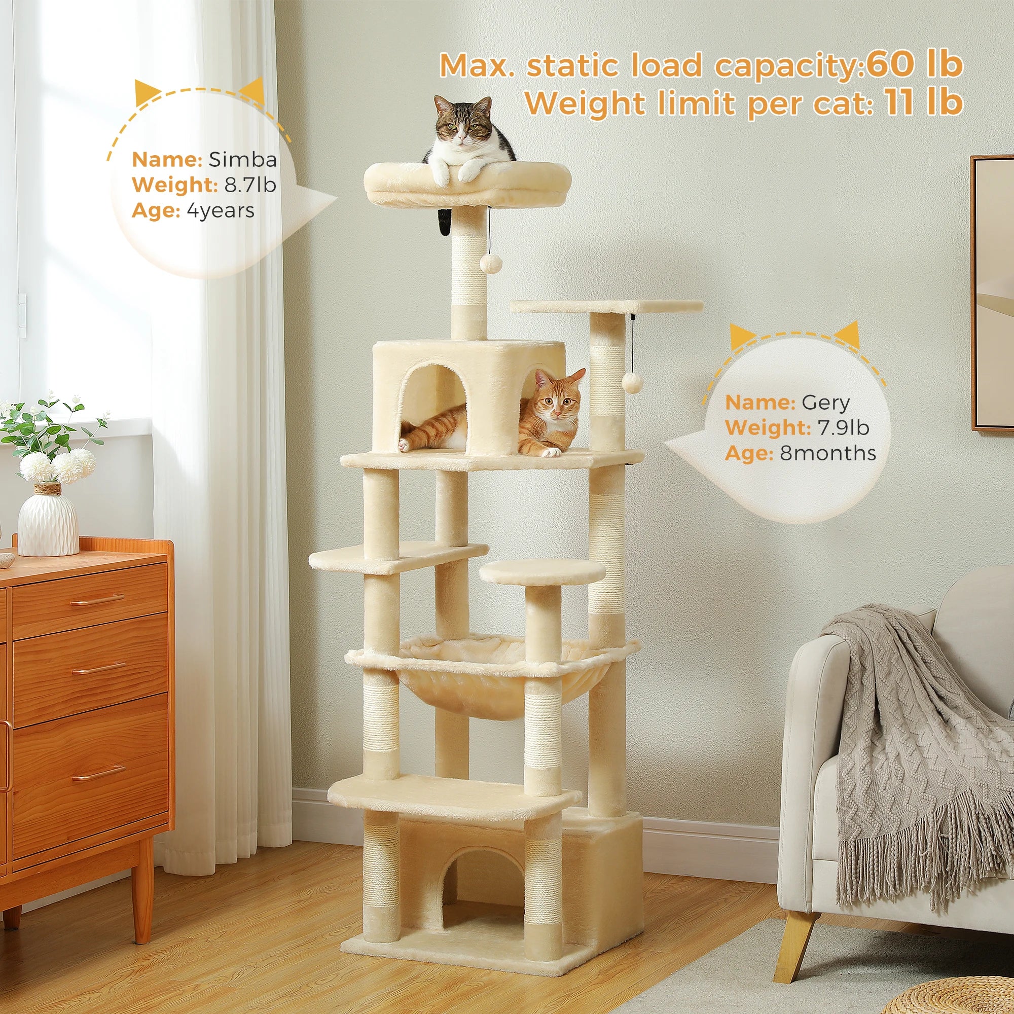 184cm Large Cat Tree Tower with Hammock, Scratching Posts & Condos
