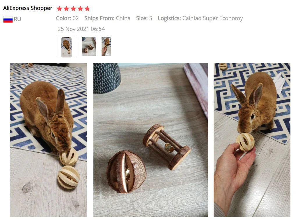 Natural Wooden Rabbit Roller & Chew Toys for Small Pets