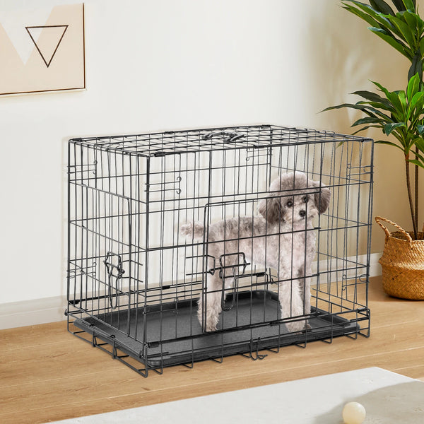 Double Door Folding Metal Wire Dog Cage with Leak-Proof Plastic Pan
