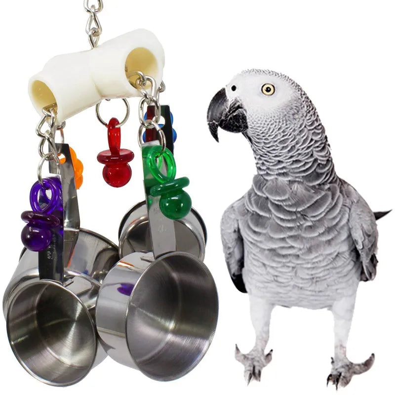 Parrot Hanging Toy with 4 Stainless Steel Pots & Acrylic Beads