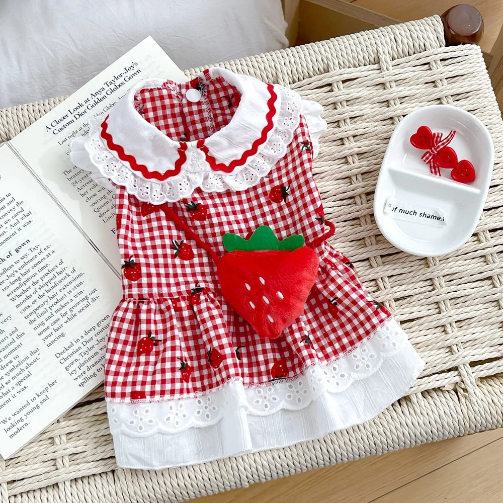 Strawberry Plaid Dog Dress – Cute Summer Outfit for Small & Medium Dogs and Cats