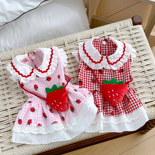 Strawberry Plaid Dog Dress – Cute Summer Outfit for Small & Medium Dogs and Cats
