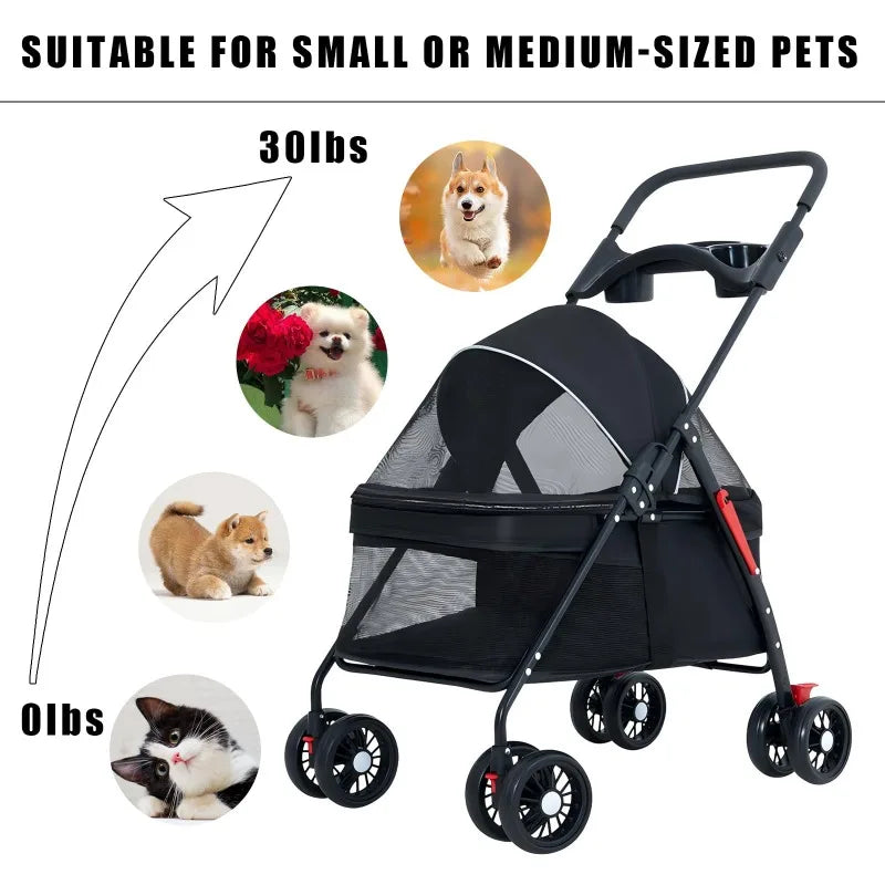 Lightweight Foldable Pet Stroller for Small Dogs, Cats & Puppies, Outdoor Travel Carrier