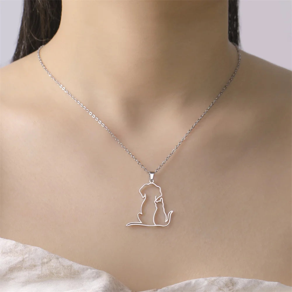Hugging Puppy & Kitten Pendant Necklace for Pet Lovers