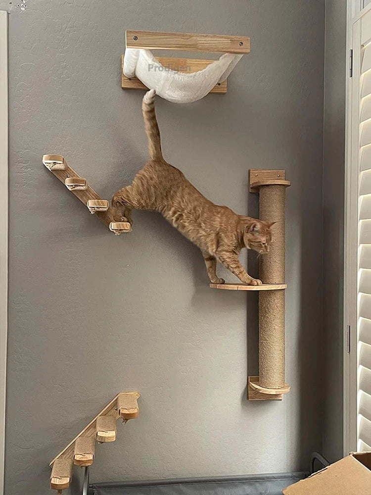Wall-Mounted Cat Climbing Shelves with Scratching Post & Steps