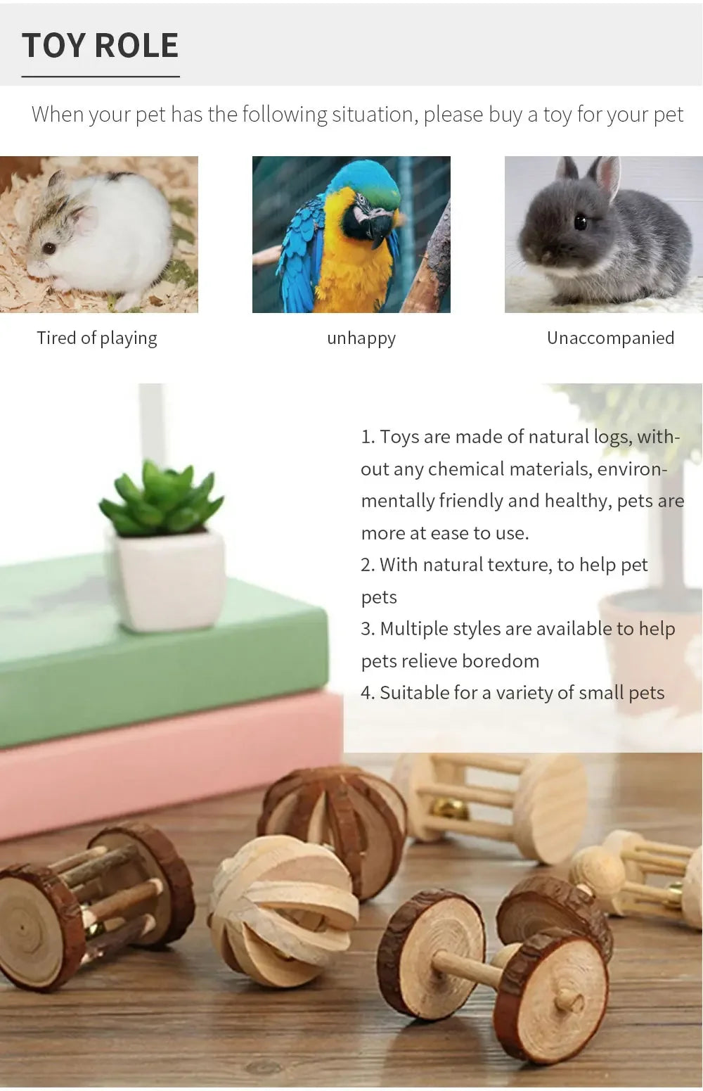 Natural Wooden Rabbit Roller & Chew Toys for Small Pets