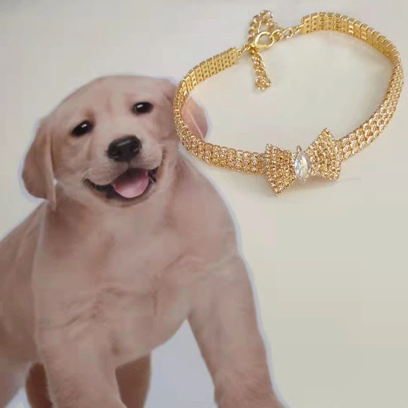 Zircon Bow Tie Pet Collar, Adjustable Rose Gold Dog & Cat Necklace with Gift Box