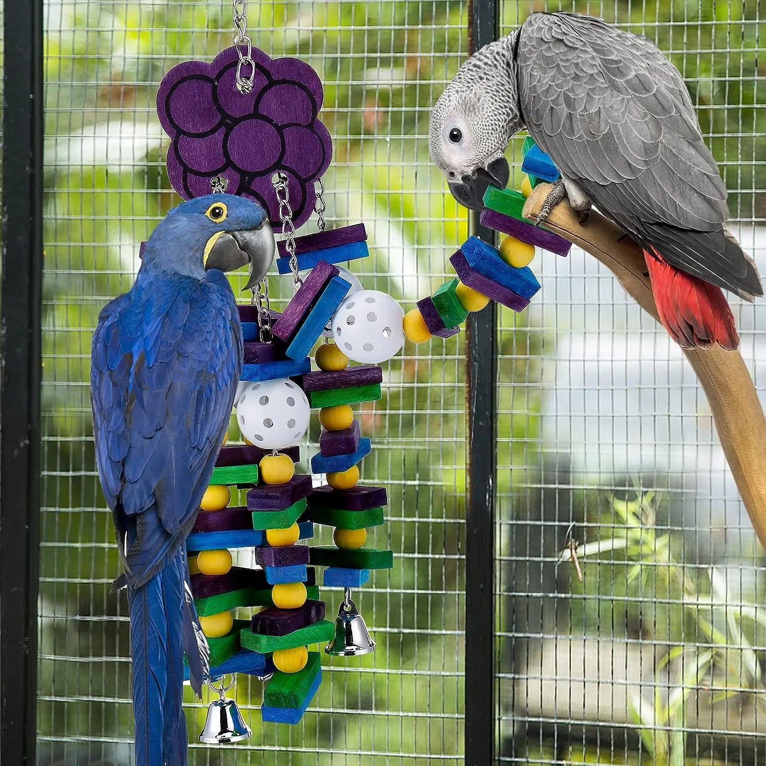 Colorful Parrot Chewing Toy with Wooden Blocks, Beads