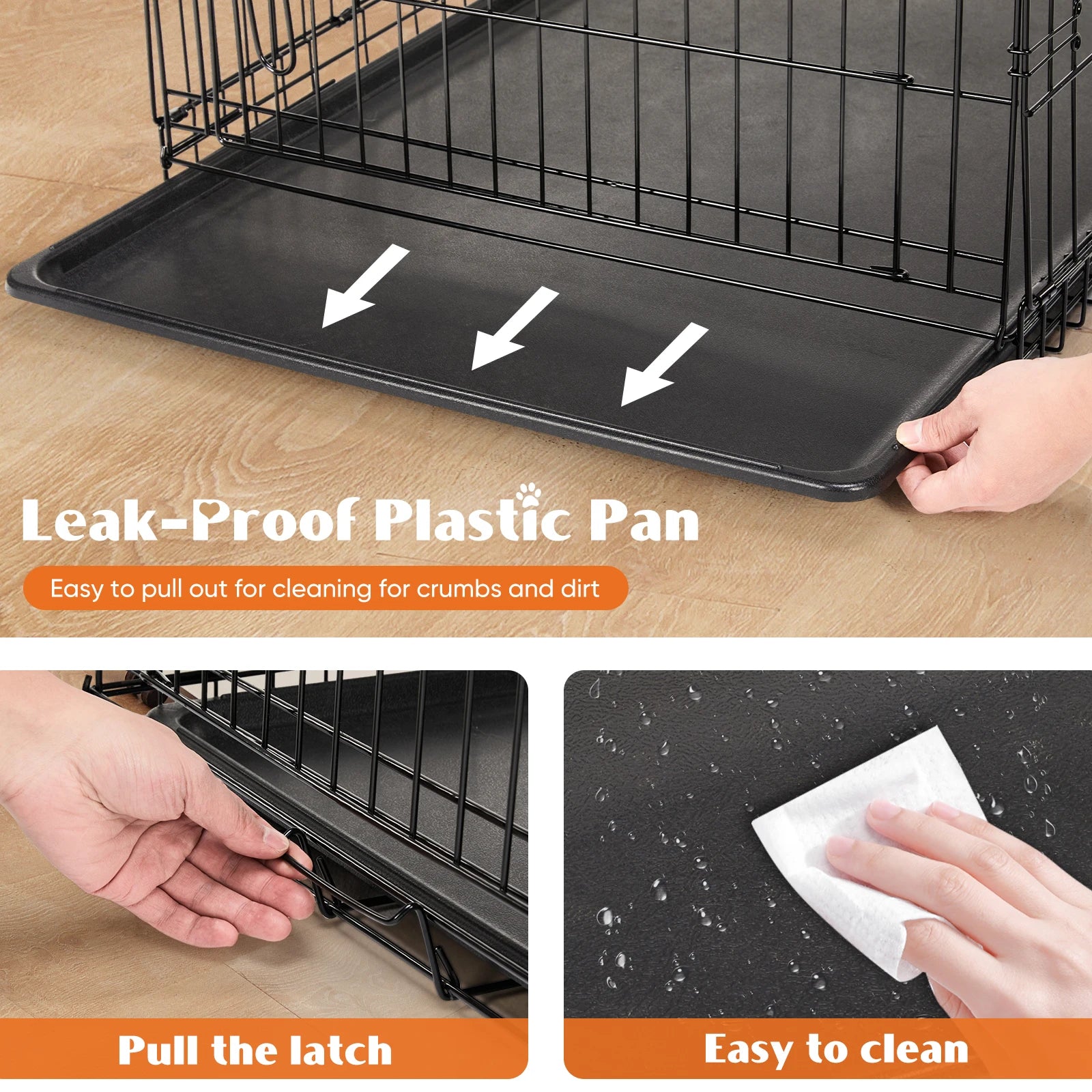 Double Door Folding Metal Wire Dog Cage with Leak-Proof Plastic Pan