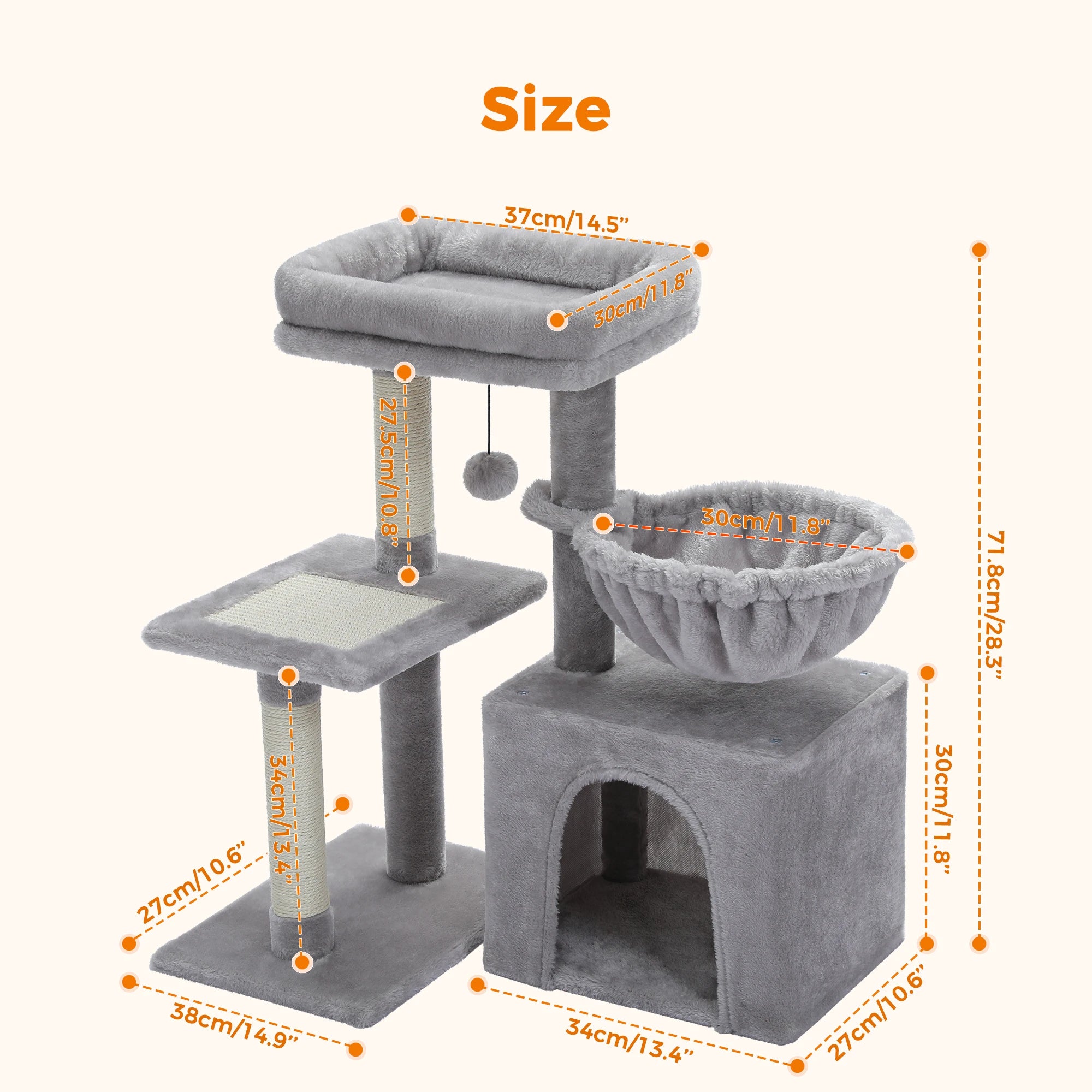 Cat Tree Tower with Scratching Posts, Hammock & Removable Top Perch