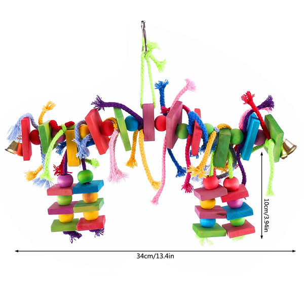 Multicolored Parrot Chew Toy with Wooden Blocks & Cotton Rope Swing