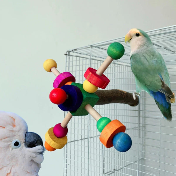 Natural Wooden Parrot Perch Toy with Rotating Balls