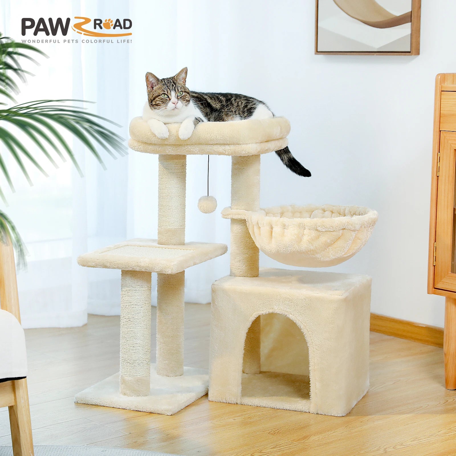 Cat Tree Tower with Scratching Posts, Hammock & Removable Top Perch