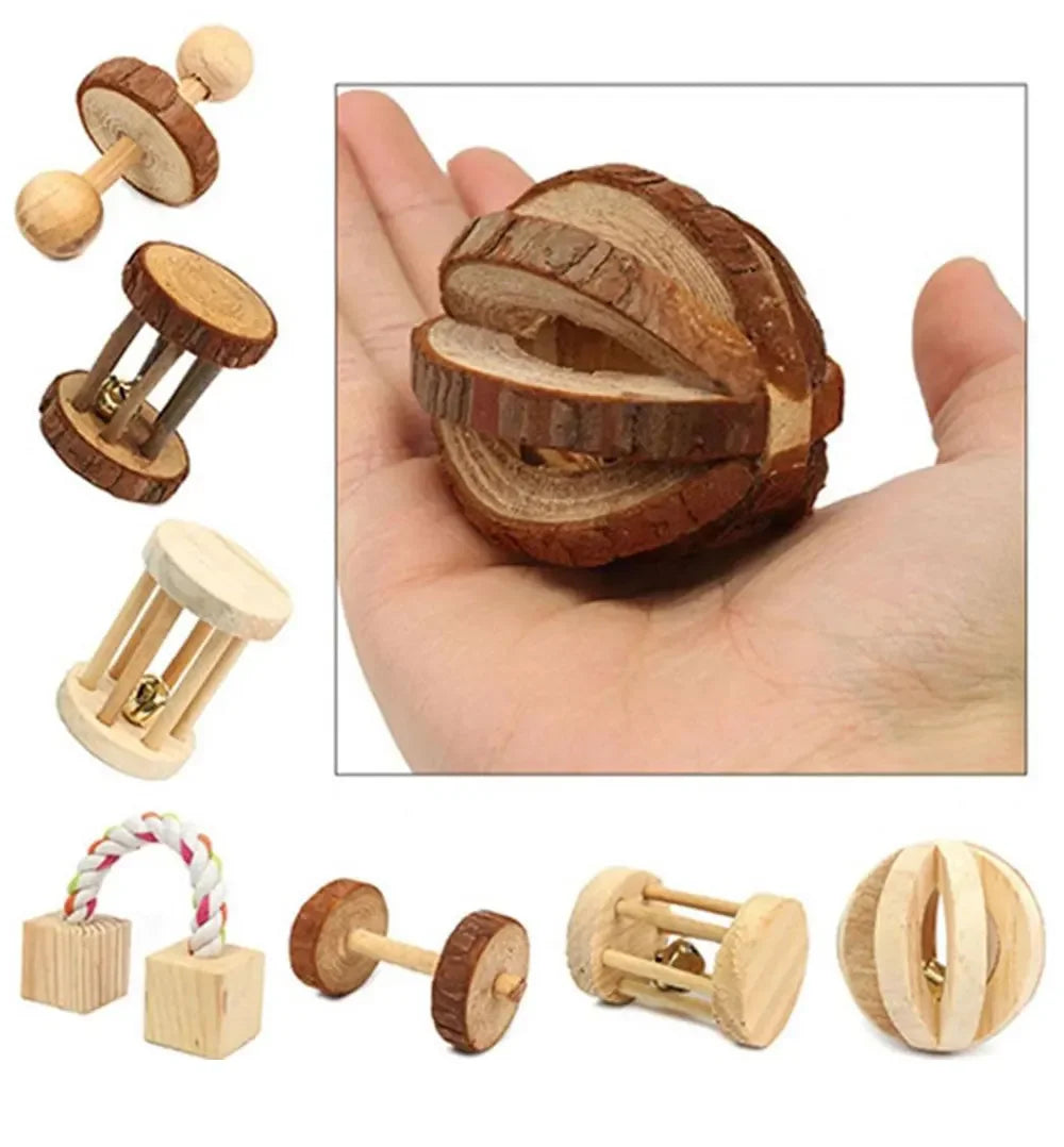 Natural Wooden Rabbit Roller & Chew Toys for Small Pets