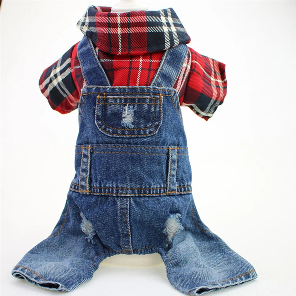 Dog & Cat Denim Plaid Jumpsuit Hoodie, Spring/Autumn Pet Outfit