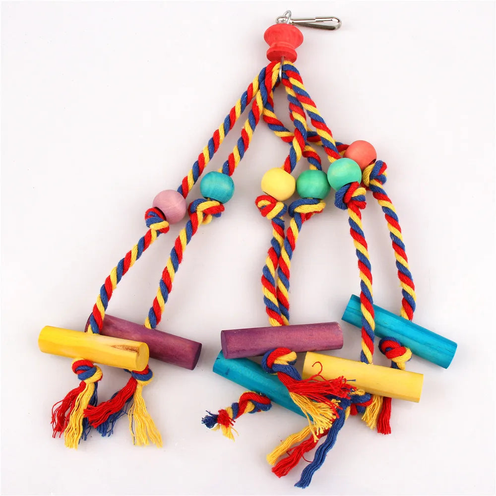Random Color Wooden Parrot Chew Toy with Rope, Bird Cage Training Accessory
