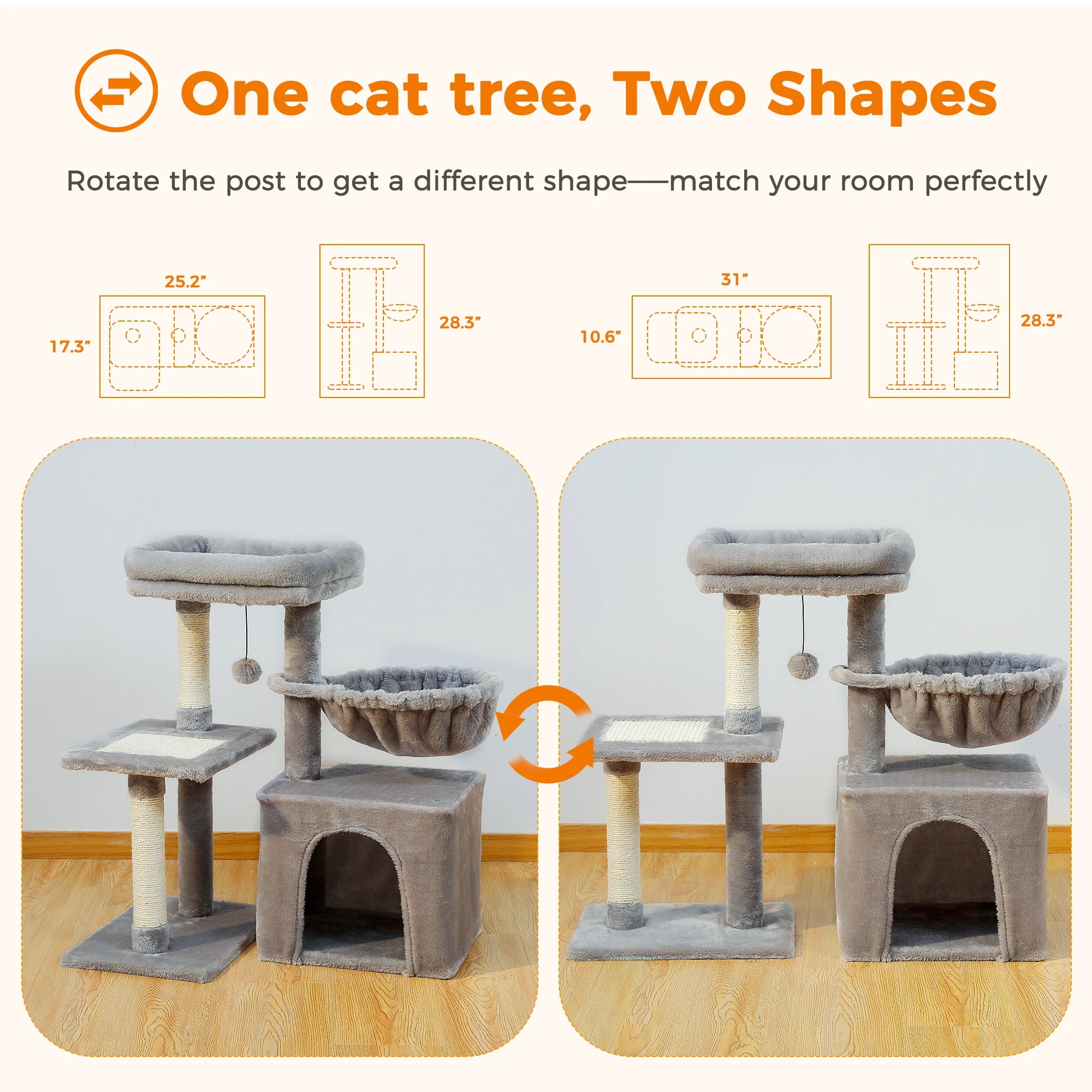 Cat Tree Tower with Scratching Posts, Hammock & Removable Top Perch