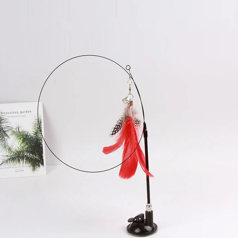 Colorful Feather Cat Teaser Wand with Bell and Suction Cup, Interactive Kitten Toy