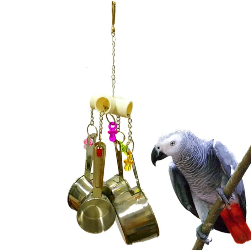 Parrot Hanging Toy with 4 Stainless Steel Pots & Acrylic Beads