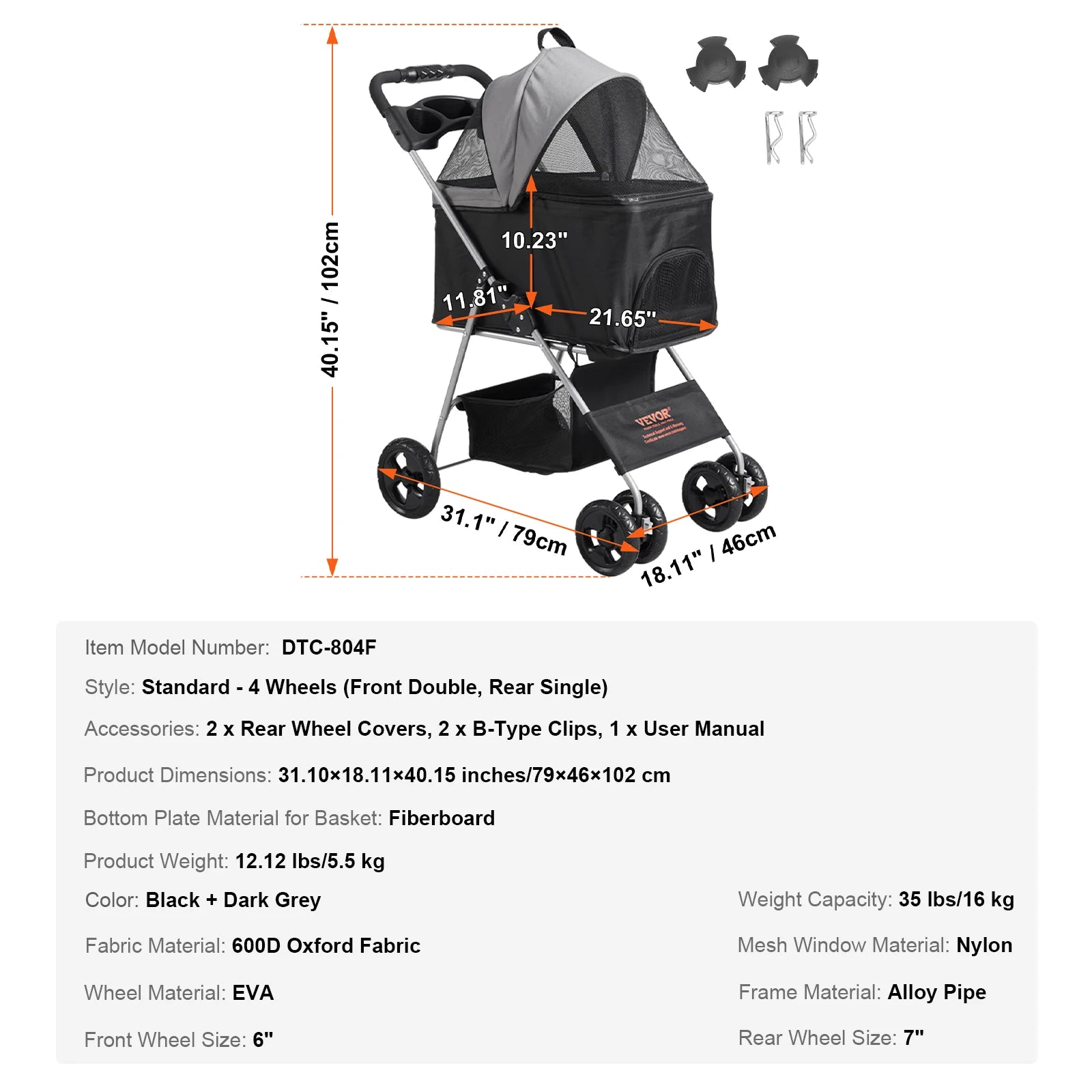 VEVOR Lightweight Pet Stroller, Foldable Carrier for Dogs & Cats with Brakes and Cup Holder