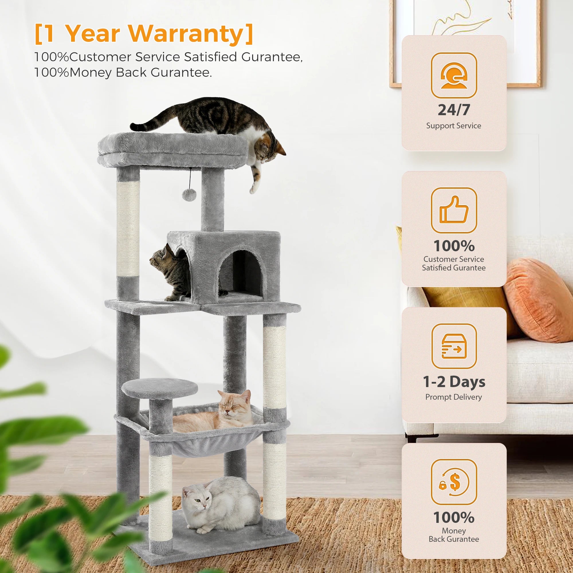 5-Level Cat Tree Tower for Large Cats with Hammock, Condo & Scratching Posts