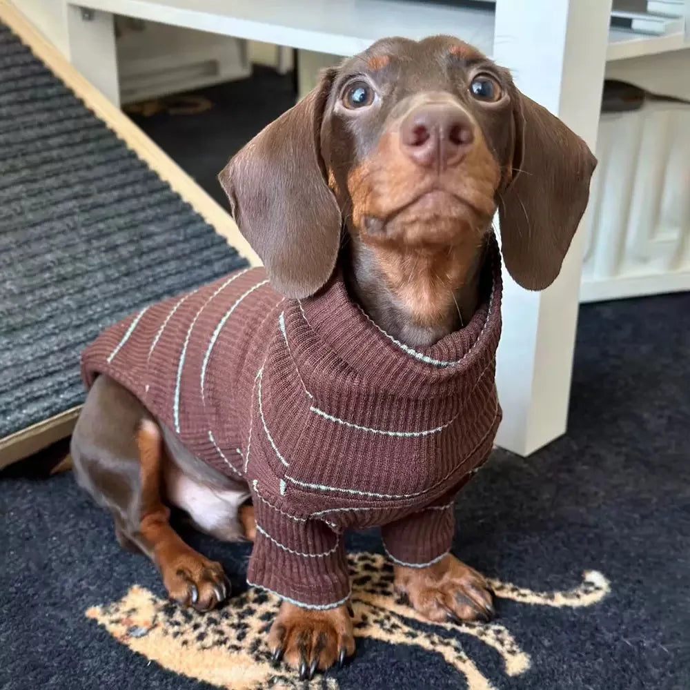 Brown Stripe 2-Leg Dachshund Sweater, Warm Elastic Dog Clothes