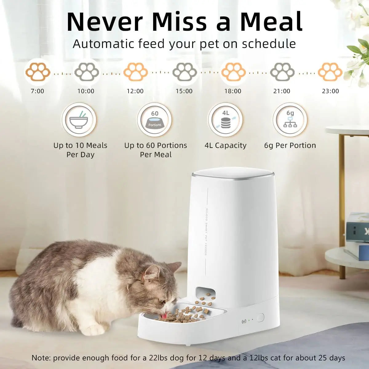 ROJECO Automatic Smart WiFi Pet Feeder, Remote-Controlled Cat & Dog Food Dispenser