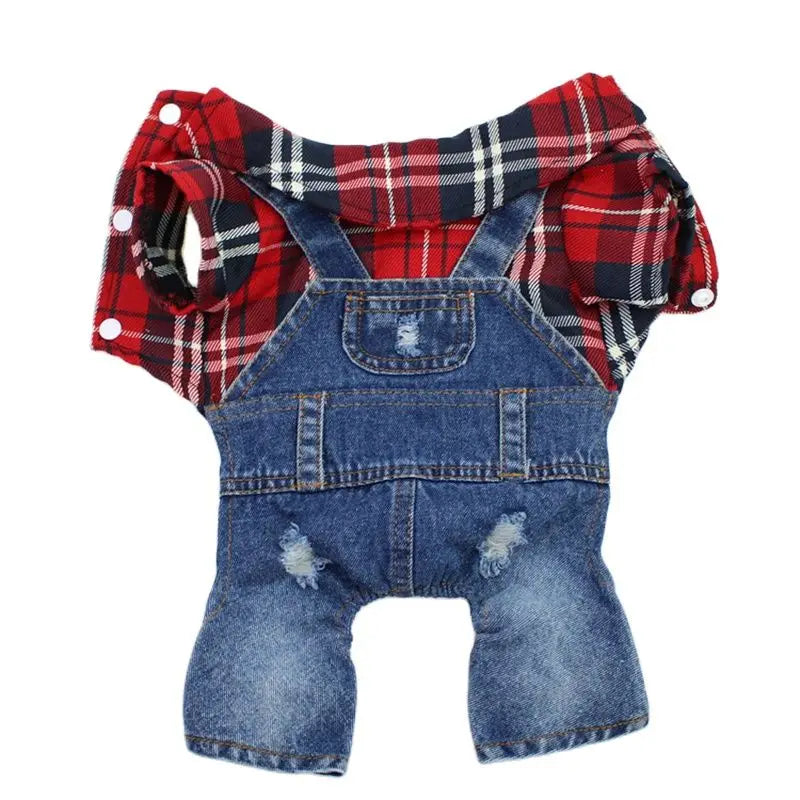 Dog & Cat Denim Plaid Jumpsuit Hoodie, Spring/Autumn Pet Outfit