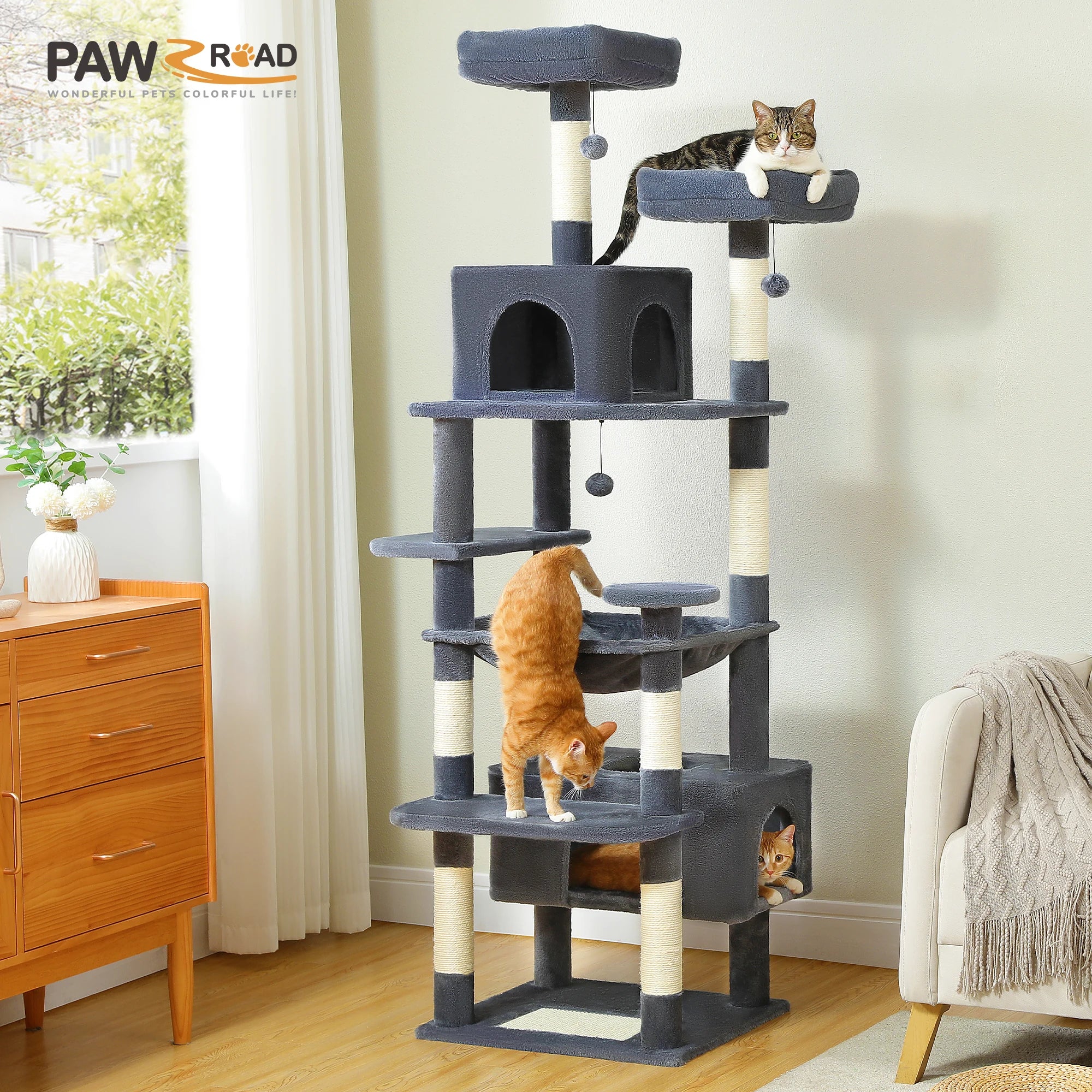 184cm Large Cat Tree Tower with Hammock, Scratching Posts & Condos