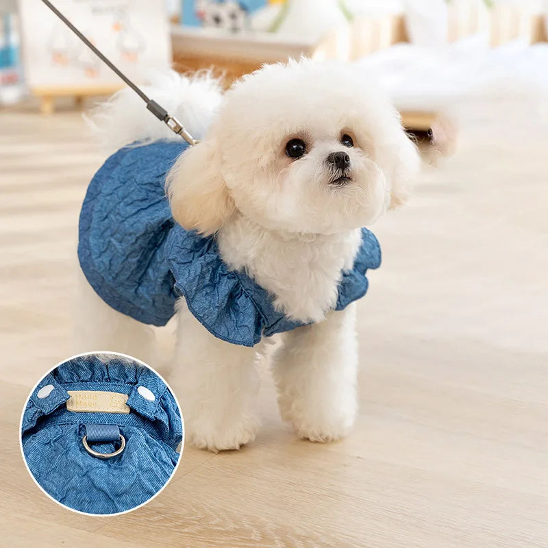Denim Dog Dress with Leash Ring, Summer Outfit for Small Dogs & Cats