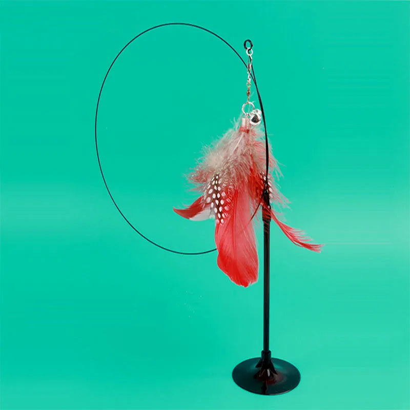 Colorful Feather Cat Teaser Wand with Bell and Suction Cup, Interactive Kitten Toy