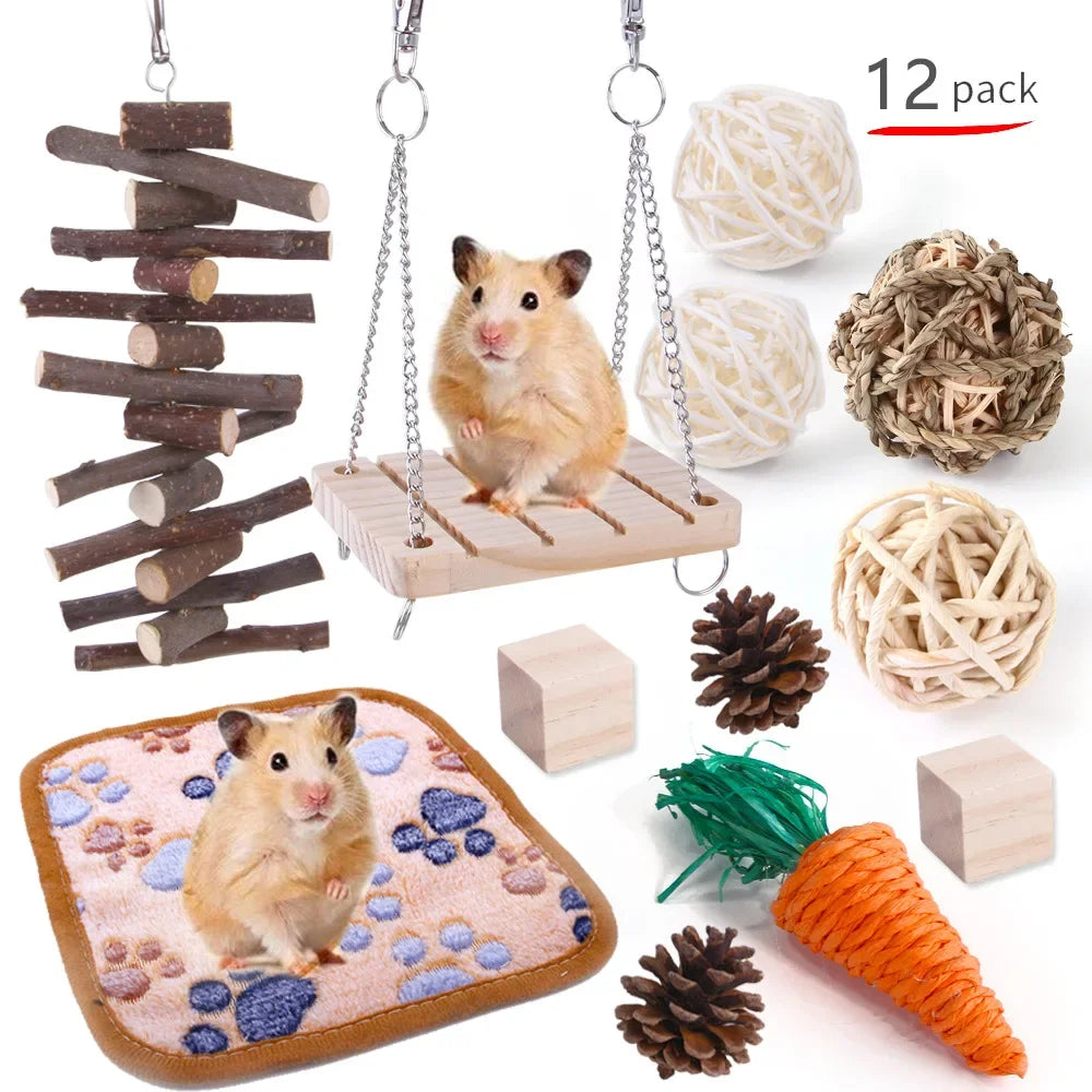 Wooden Toy Set for Hamsters, Rabbits, Guinea Pigs, and Small Pets