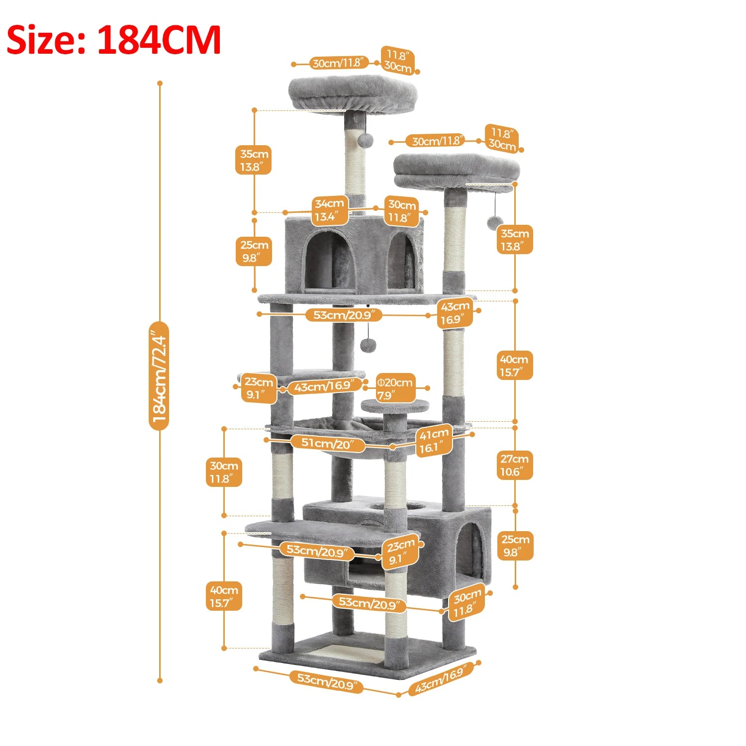184cm Large Cat Tree Tower with Hammock, Scratching Posts & Condos