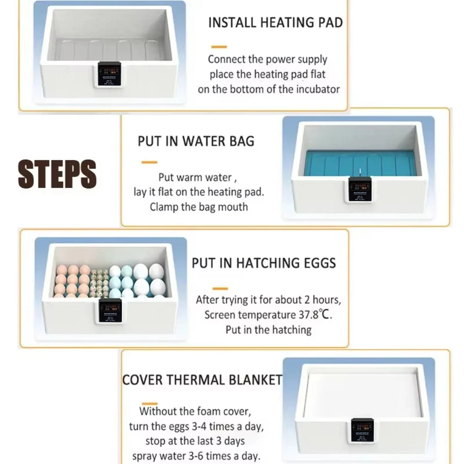 USB Poultry Incubator with Thermostat, Manual Turn, Bionic Waterbed & Egg Candler