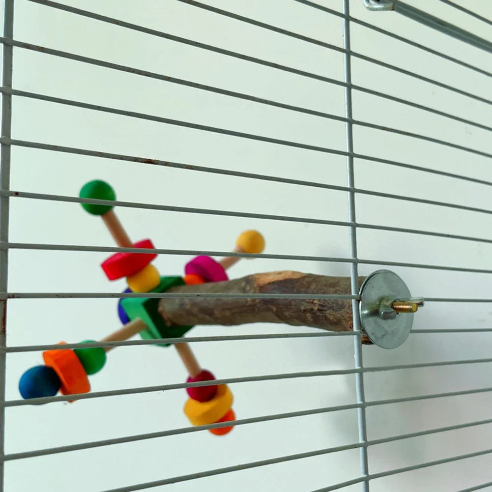 Natural Wooden Parrot Perch Toy with Rotating Balls