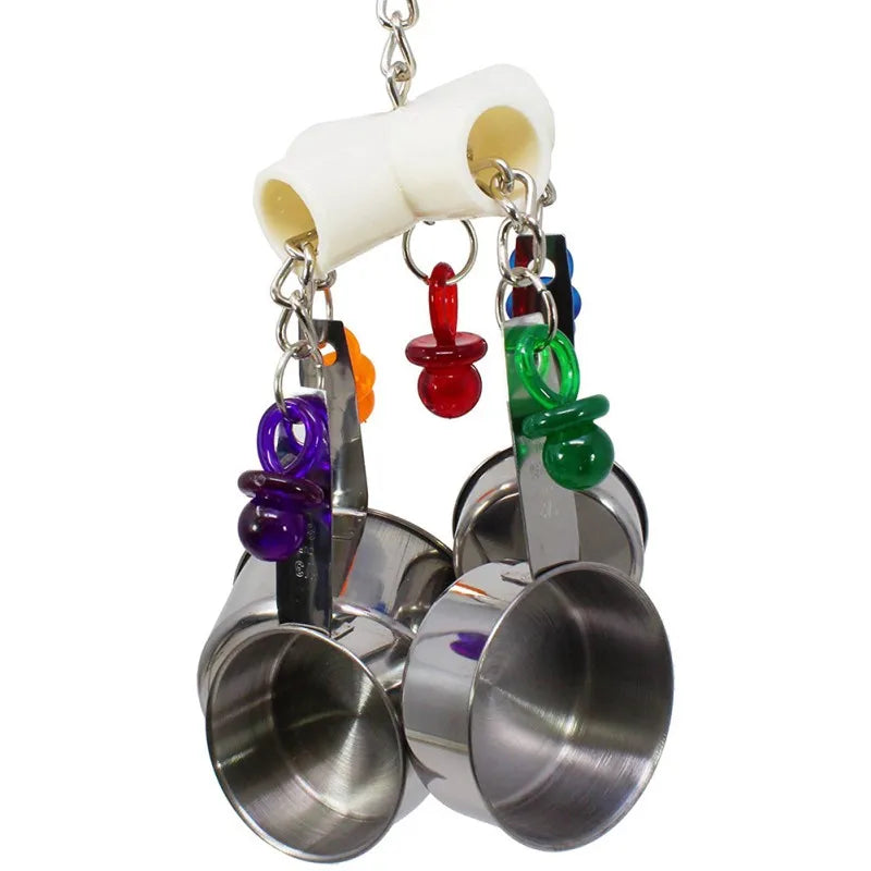 Parrot Hanging Toy with 4 Stainless Steel Pots & Acrylic Beads