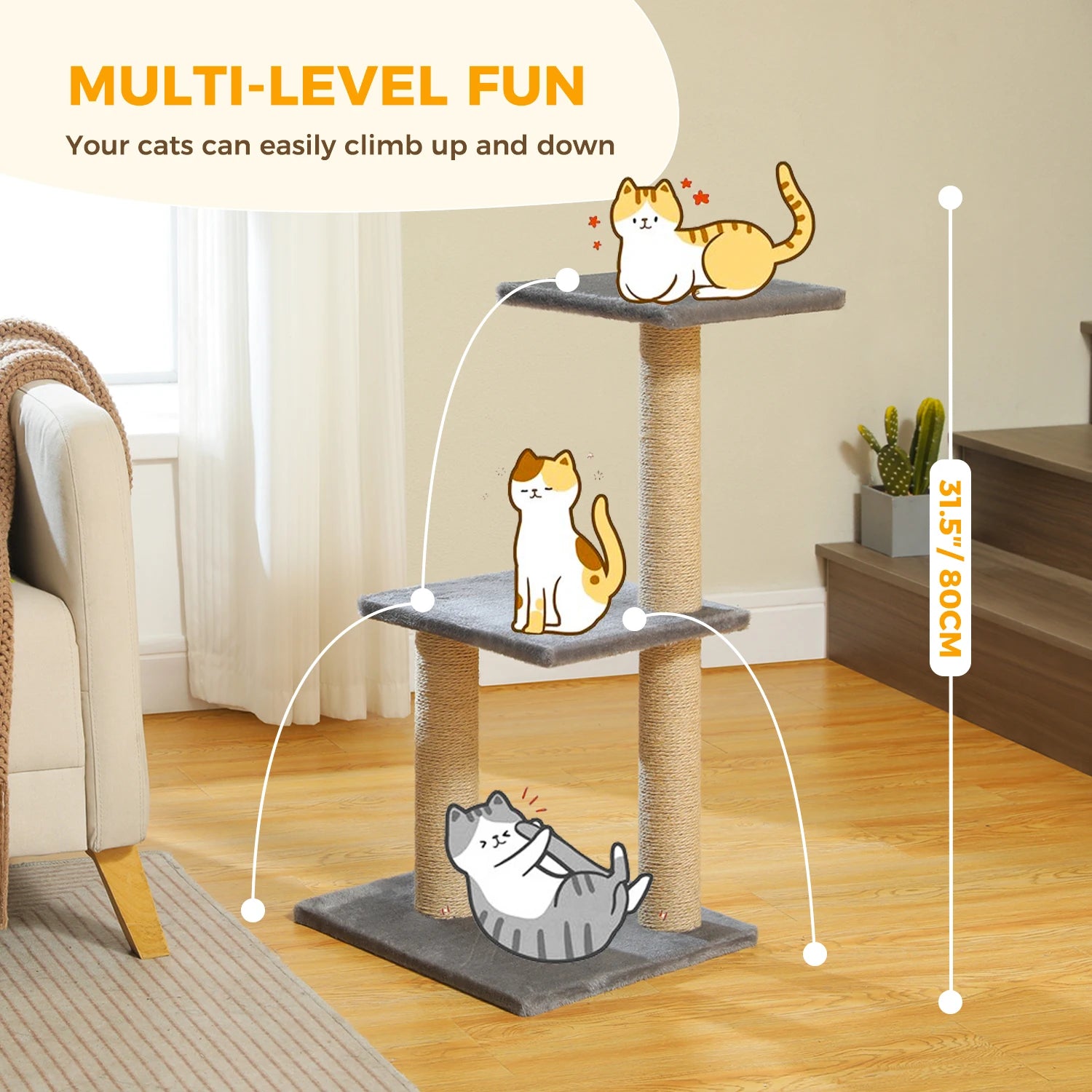 Cat Tree Tower with Scratching Posts, Hammock & Removable Top Perch