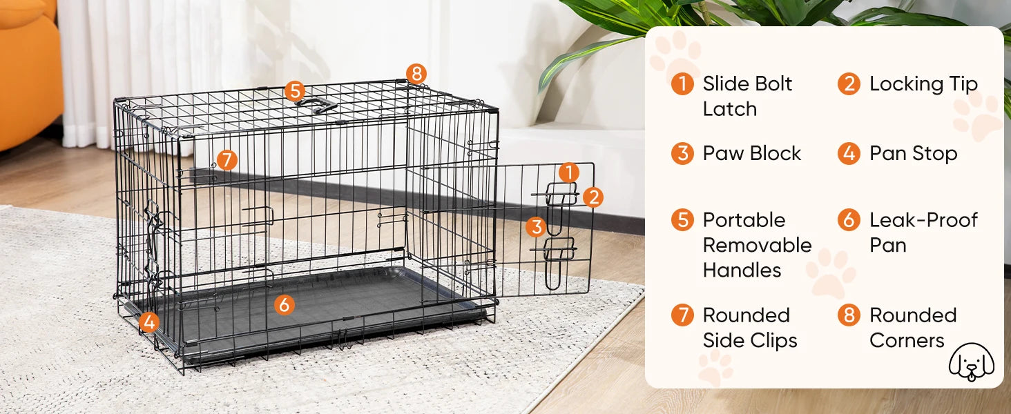 Double Door Folding Metal Wire Dog Cage with Leak-Proof Plastic Pan