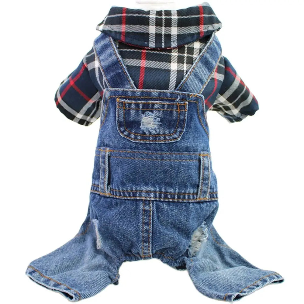 Dog & Cat Denim Plaid Jumpsuit Hoodie, Spring/Autumn Pet Outfit