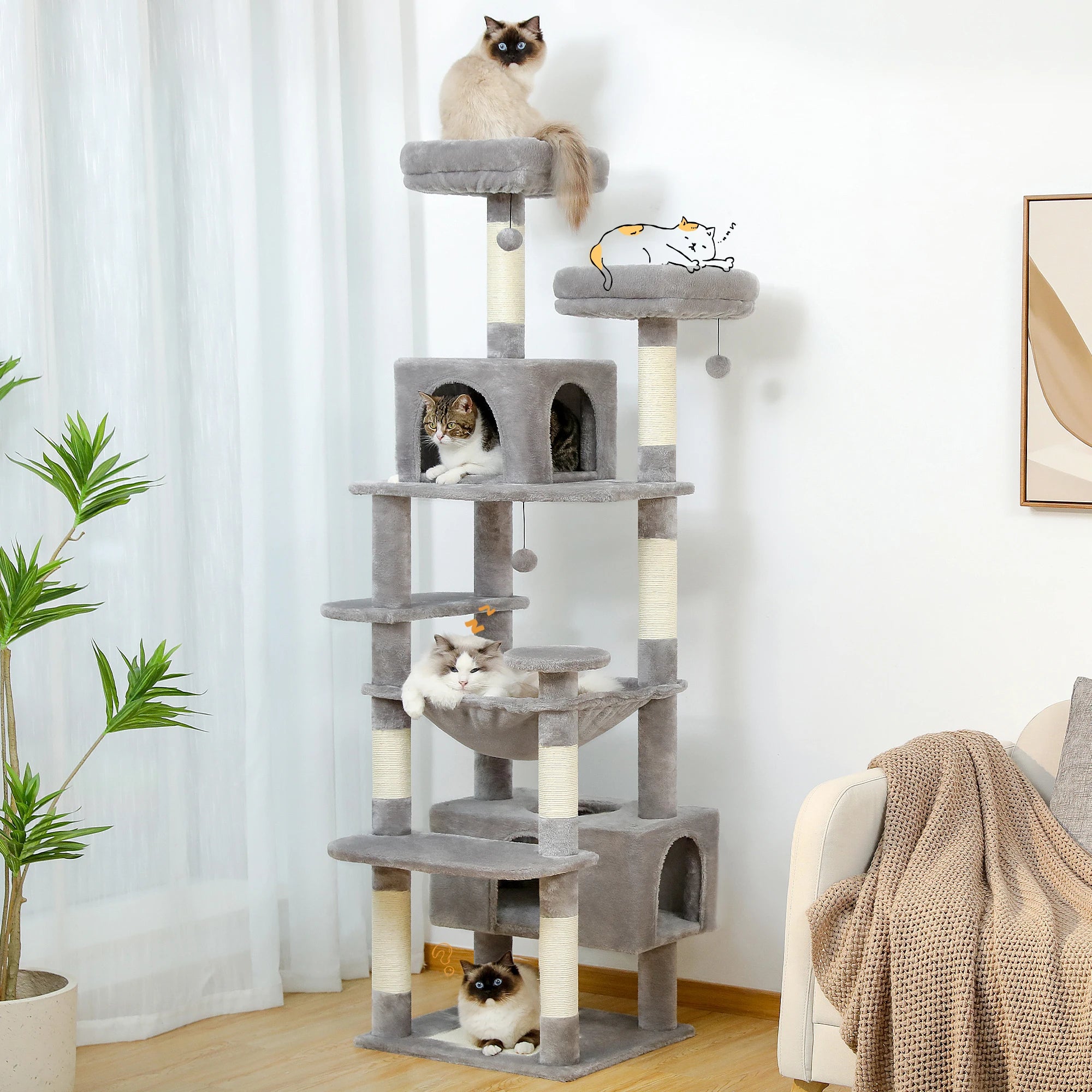 184cm Large Cat Tree Tower with Hammock, Scratching Posts & Condos