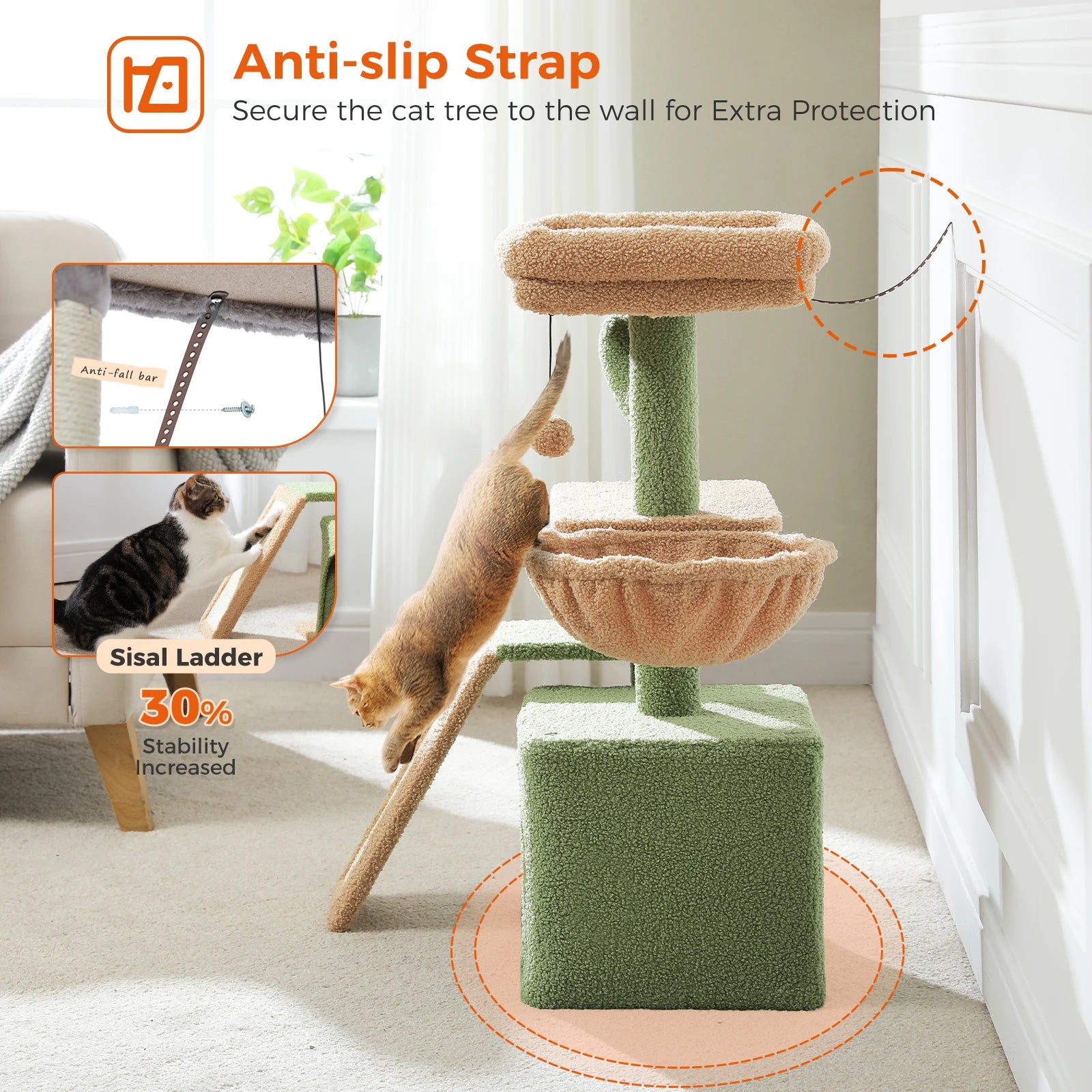 Cat Tree Tower with Scratching Posts, Hammock & Removable Top Perch