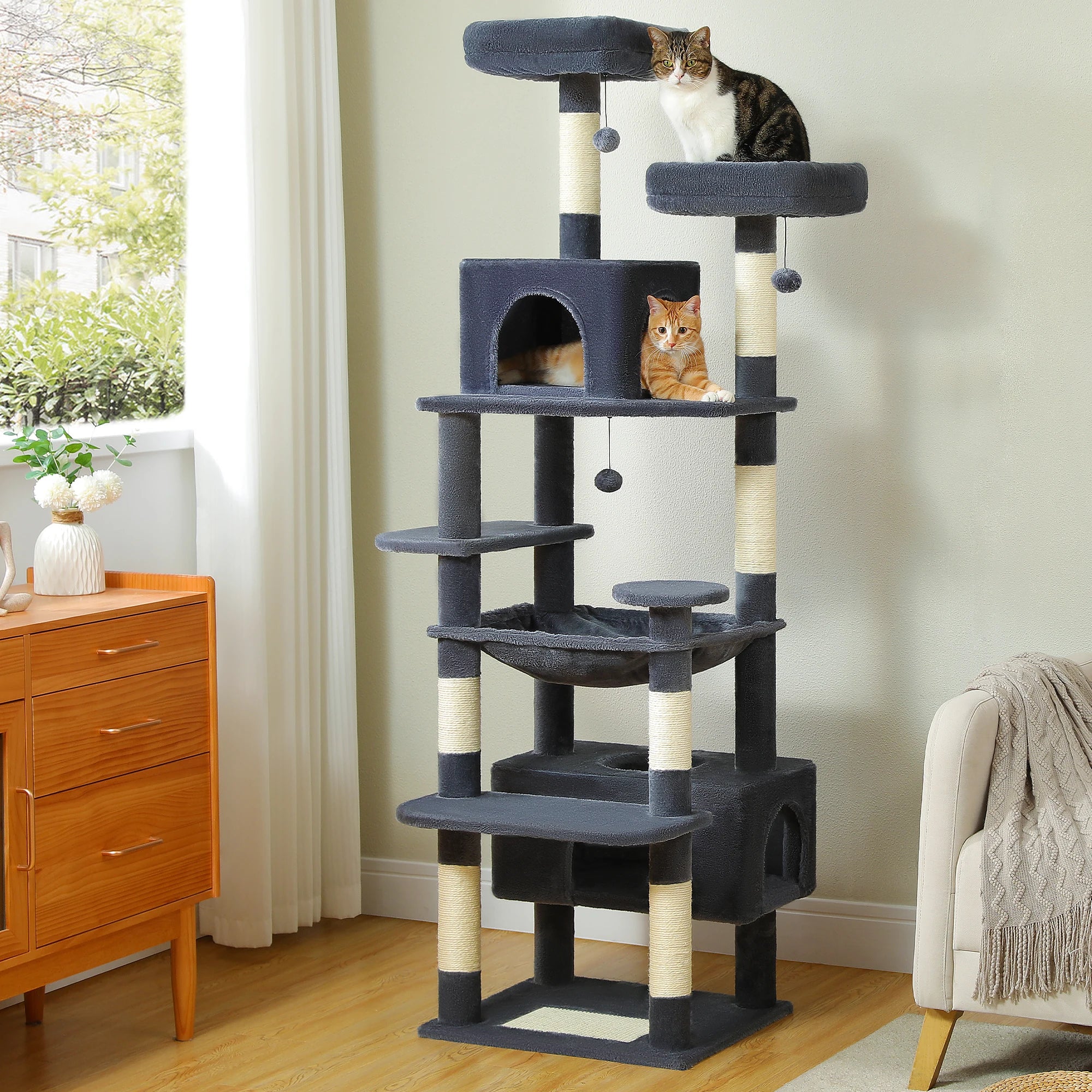 184cm Large Cat Tree Tower with Hammock, Scratching Posts & Condos