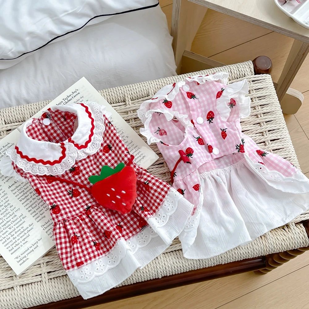 Strawberry Plaid Dog Dress – Cute Summer Outfit for Small & Medium Dogs and Cats