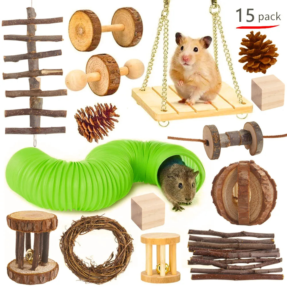 Wooden Toy Set for Hamsters, Rabbits, Guinea Pigs, and Small Pets