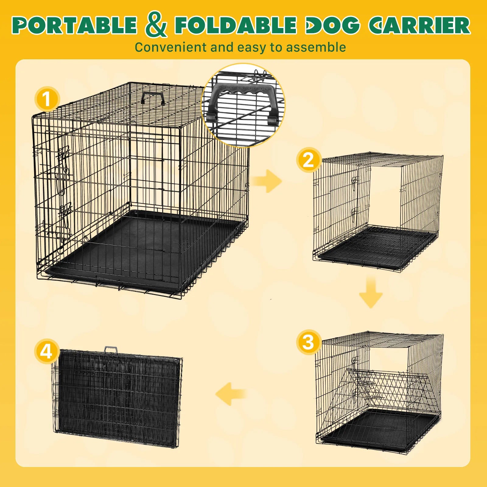Double Door Folding Metal Wire Dog Cage with Leak-Proof Plastic Pan