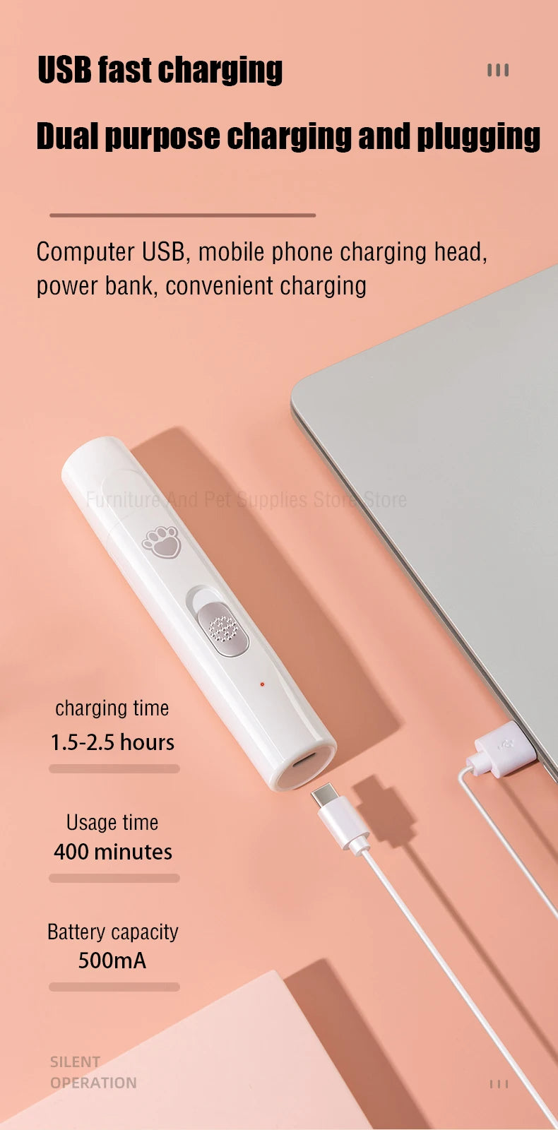 USB Rechargeable Pet Nail Clipper with Polisher Wheel