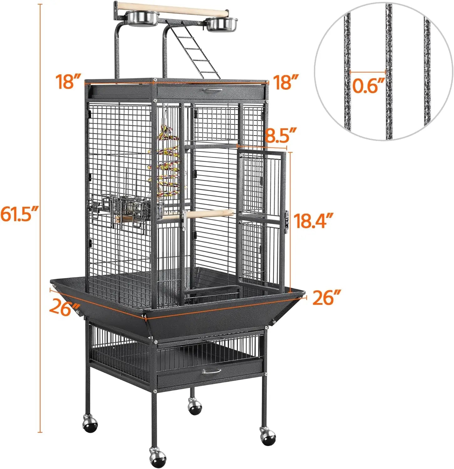 Large Parrot Cage – with Rooftop Playground & Rolling Wheels