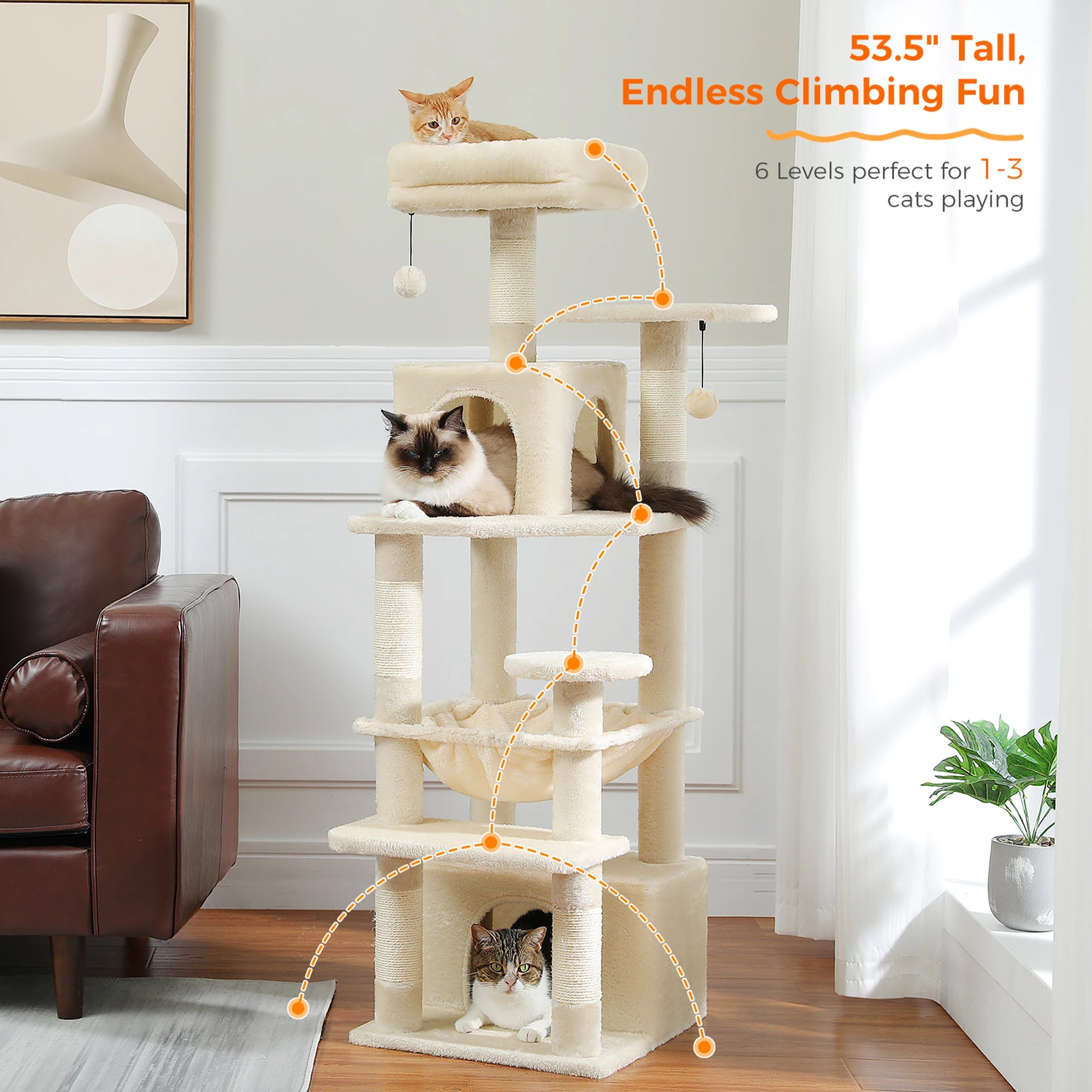 184cm Large Cat Tree Tower with Hammock, Scratching Posts & Condos