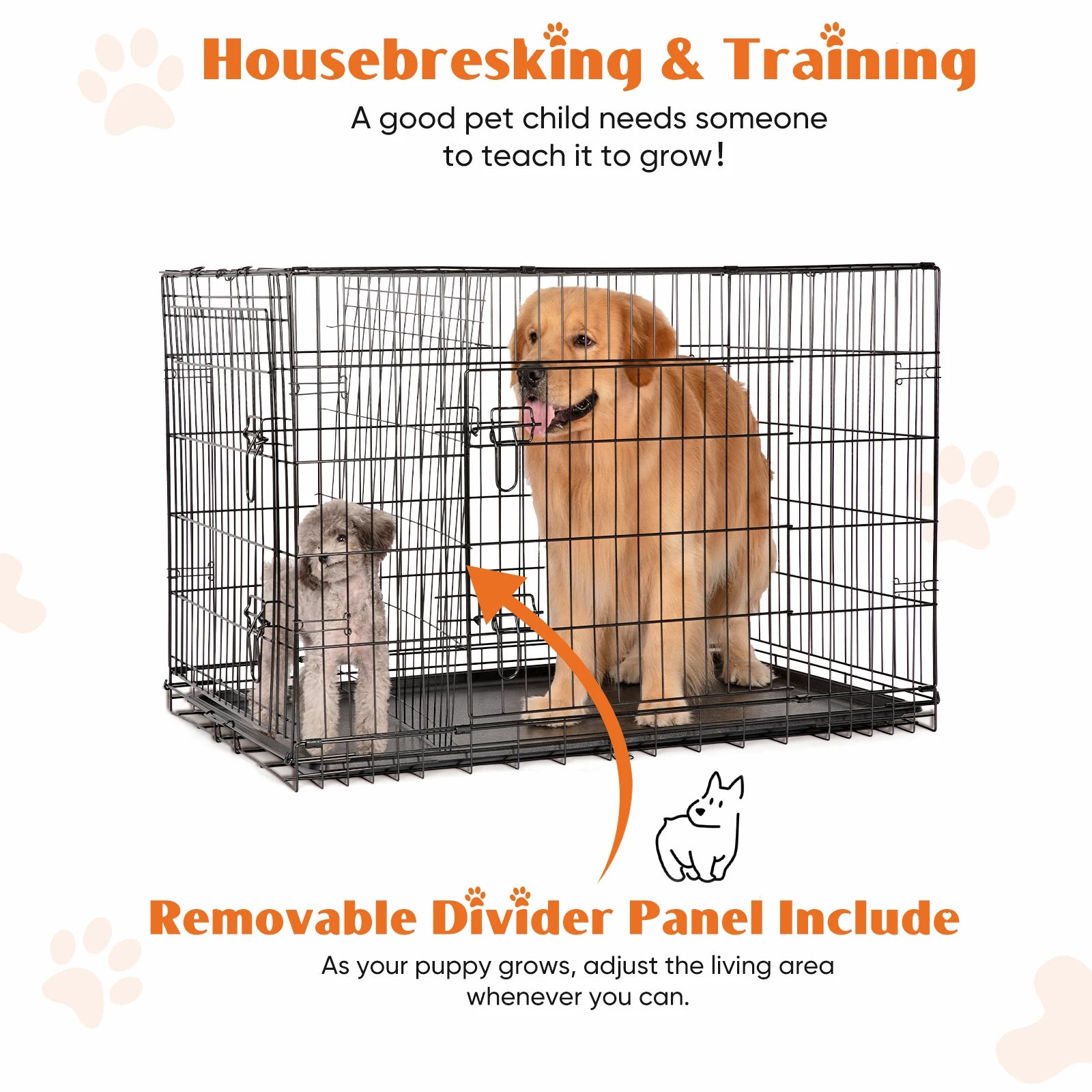 Double Door Folding Metal Wire Dog Cage with Leak-Proof Plastic Pan