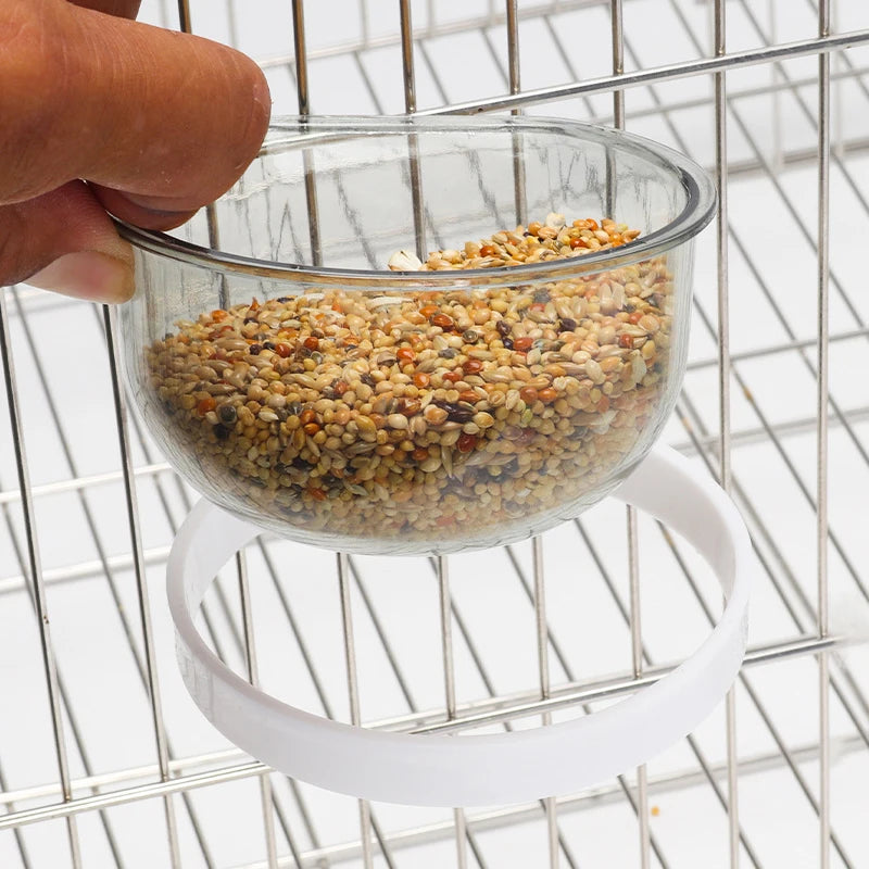 Detachable Transparent Plastic Bird Feeding Bowl, Hanging Food & Water Cup for Parrots